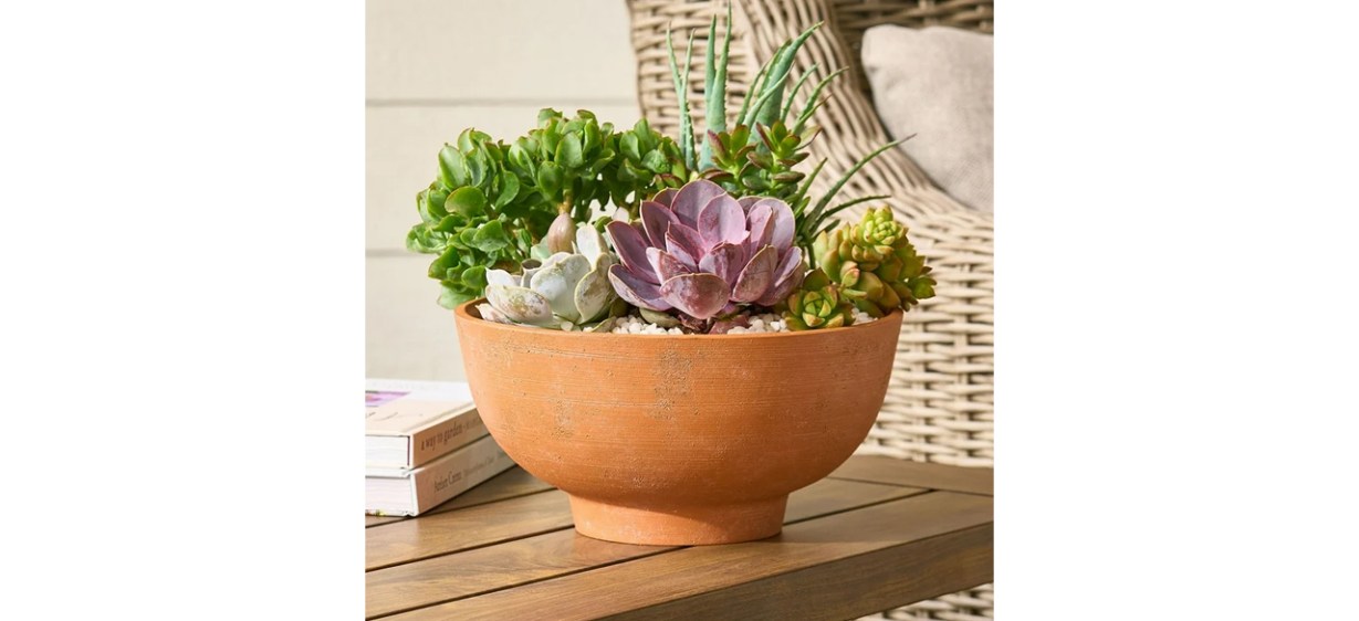 Better Homes &amp; Gardens Terracotta Recycled Resin Planter on table