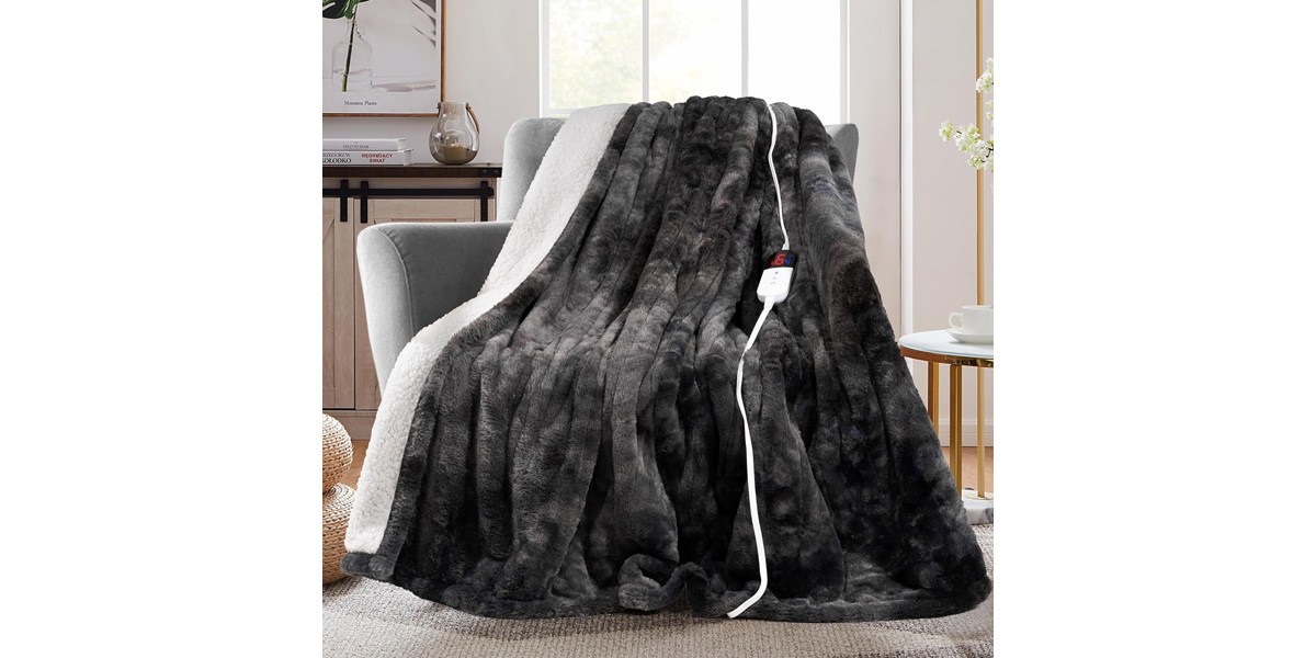 MAXEVE Electric Heated Throw Faux Rabbit Fur Blanket