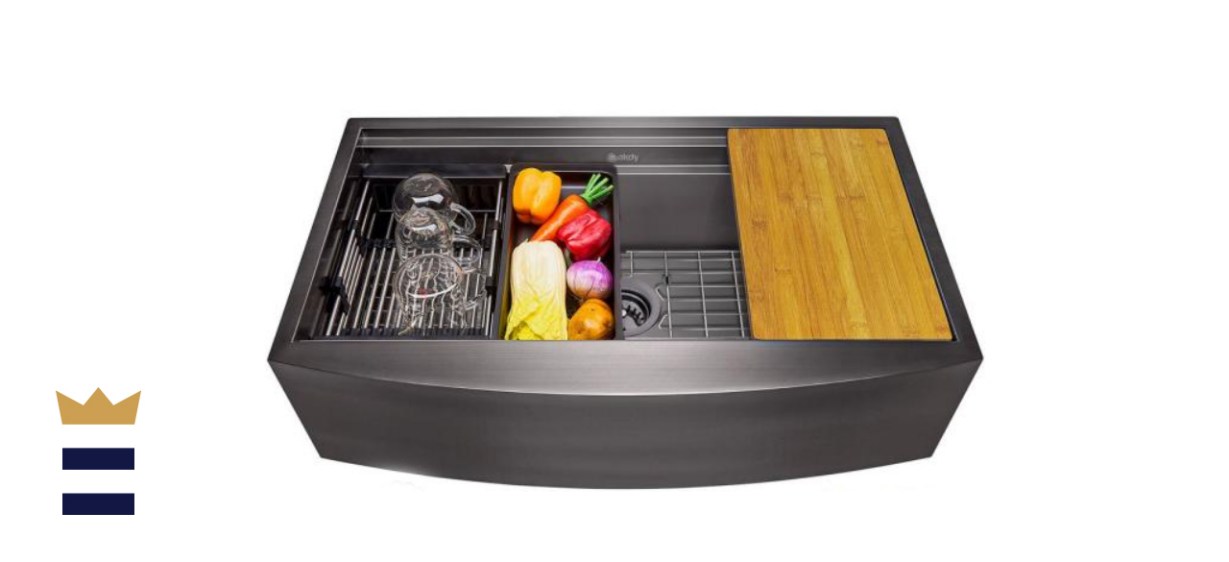   AKDY All-in-One Matte Black Finished Stainless Steel Farmhouse Apron Mount Kitchen Sink with Pull-down Faucet
