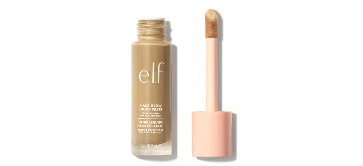 Bottle of e.l.f. Halo Glow Liquid Filter with the wand removed and placed next to the bottle. 