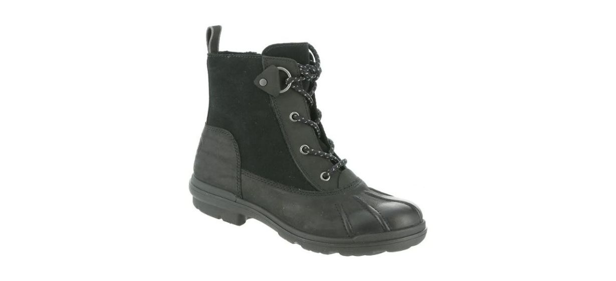A dark forest green duck boot