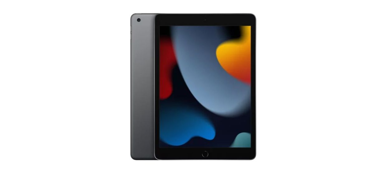 2021 Apple 10.2-inch iPad, gray, showing front and back views