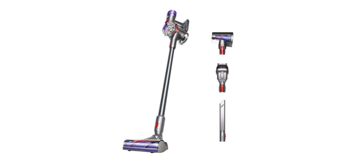 Dyson V8 Cordless Vacuum and attachments on white background