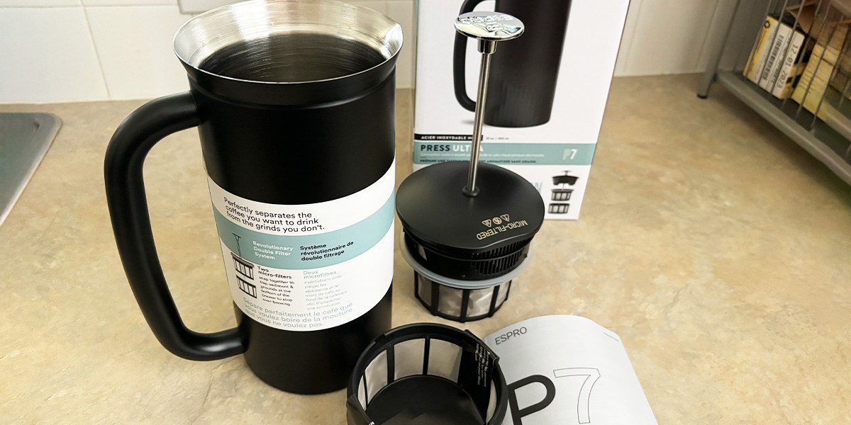 Overhead view of unpacked Espro P7 next to product box on kitchen counter Overhead view of unpacked Espro P7 next to product box on kitchen counter