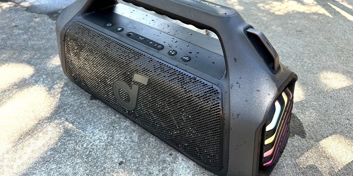 Top, angled view of Soundcore Boom 2 Plus on sidewalk Top, angled view of Soundcore Boom 2 Plus on sidewalk