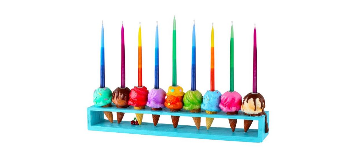 Zion Judaica Hanukkah Children's Ice Cream Menorah with candles on white background