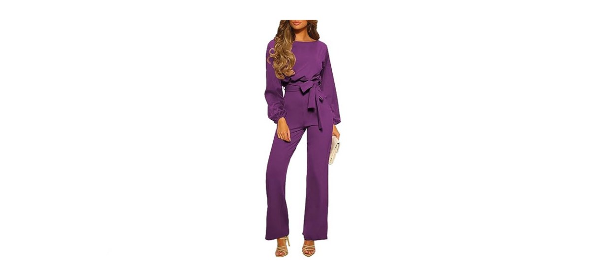 a woman wearing a long-sleeved purple jumpsuit