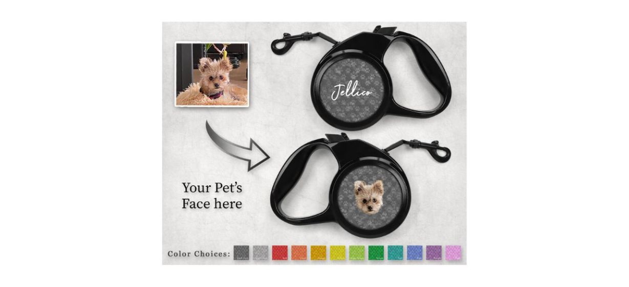 black retractable pet leash personalized with a dog's face on it
