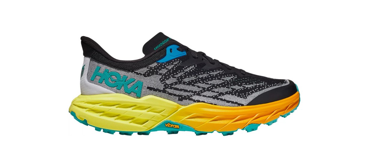 Milticolored Hoka Speedgoat 5 Trail Running Shoes on white background Milticolored Hoka Speedgoat 5 Trail Running Shoes on white background
