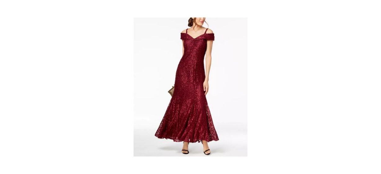 Best R and M Richards Off-The-Shoulder Lace Gown