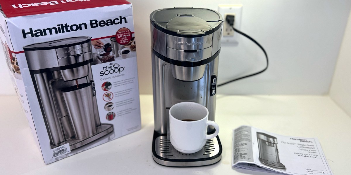 Hamilton Beach The Scoop Single-Serve Coffee Maker next to product box