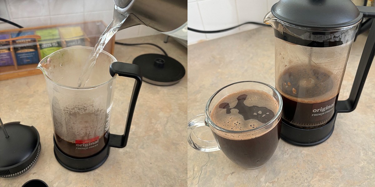 Collage with water being poured into Bodum Brazil French Press on left and cup of coffee on right