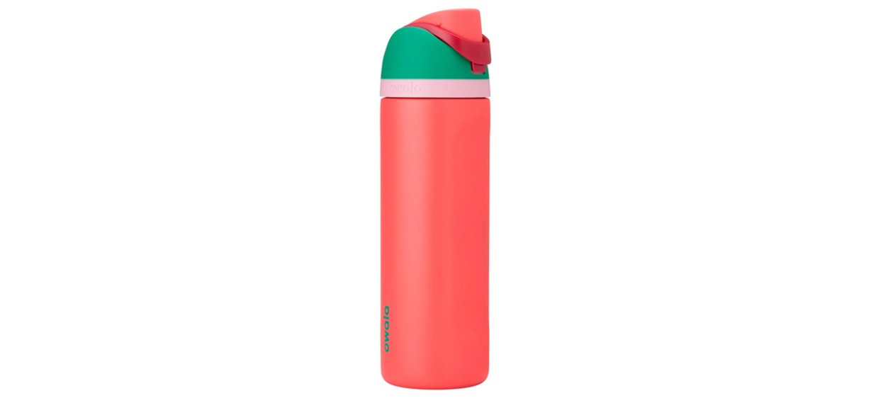 Owala FreeSip Stainless Steel Water Bottle in red with a green lid