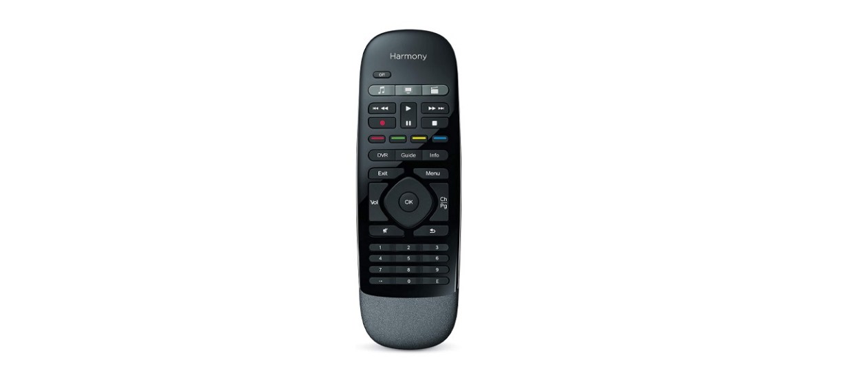 a black universal remote on a white background