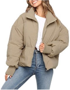 MEROKEETY Winter Long Sleeve Zip Puffer Jacket