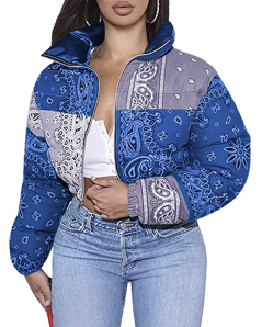 Tanming Women's Winter Warm Bandana Print Puffer Cropped Jacket